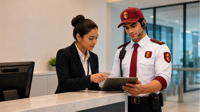 Receptionist and security guard reviewing visitor check-in on a tablet