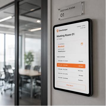 Meeting room booking shown on a tablet outside a conference room