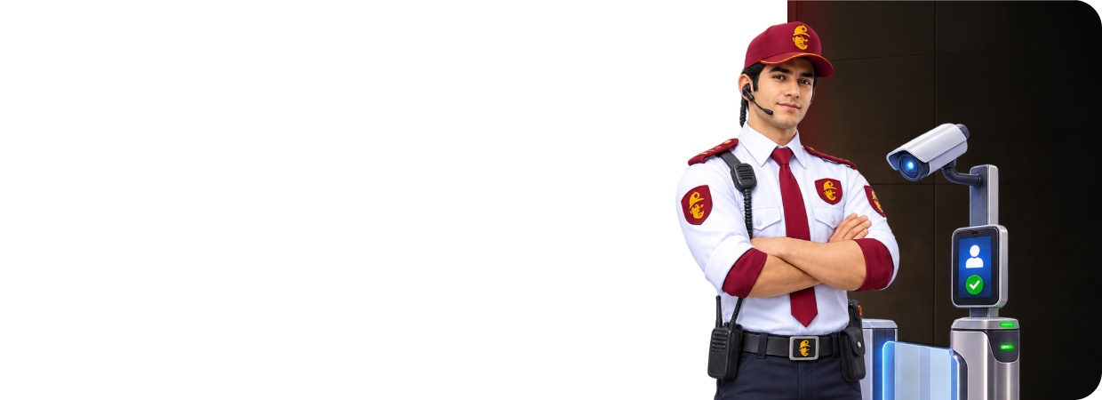 Doorkeeper security guard beside an access-control camera