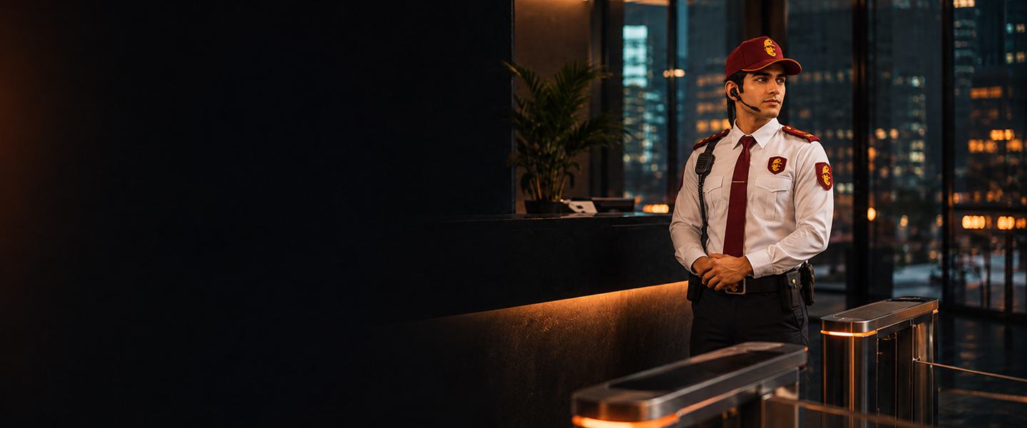 Security guard at a corporate turnstile at night