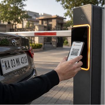Car approaching a boom barrier with QR scan